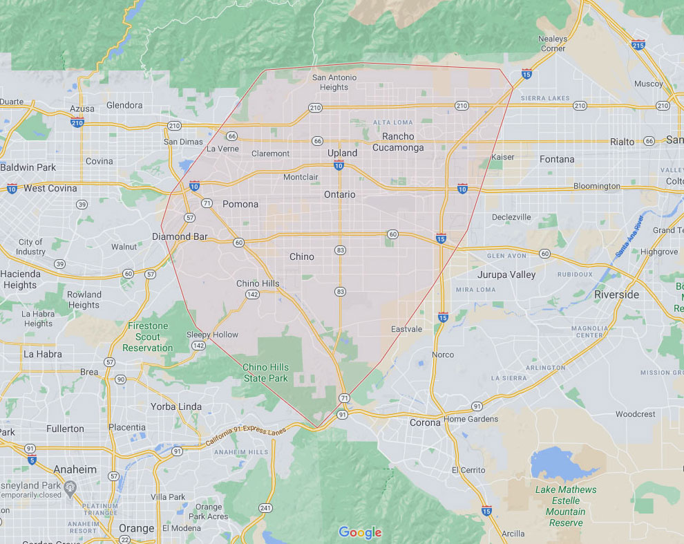 Map of 5 Star Janitorial Inc.'s service area including Ontartio and Chino, CA
